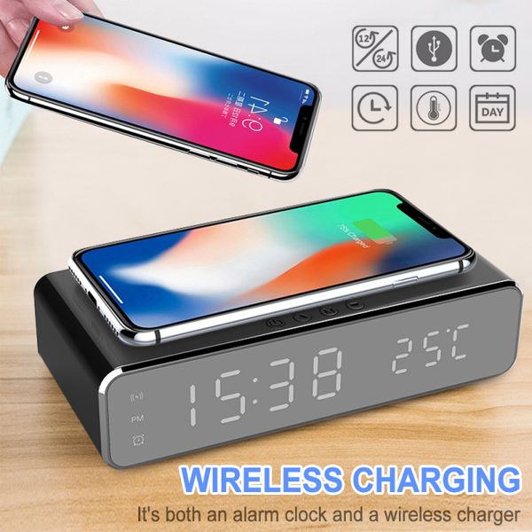Electric Digital Alarm Clock With Phone Wireless Charger Desktop HD Mirror Table Date Thermometer Time Led Display 220311