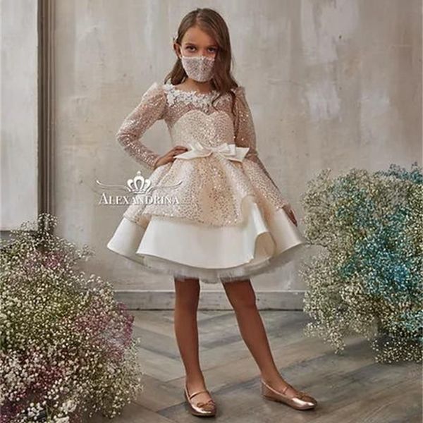 Glitter Pink Sequined Flower Girl Dresses Long Sleeves Lace Birthday Wedding Guest Robe De Demoiselle Princess Communion