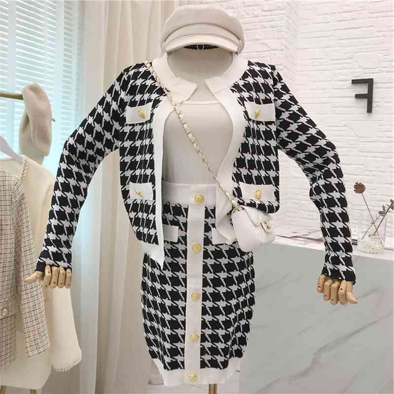 skirts Small Fragrance Vintage Houndstooth Knitted Jacket Cardigan Coat+Bodycon Skirt Suit Autumn Winter Office Lady Runway 2 Piece Set