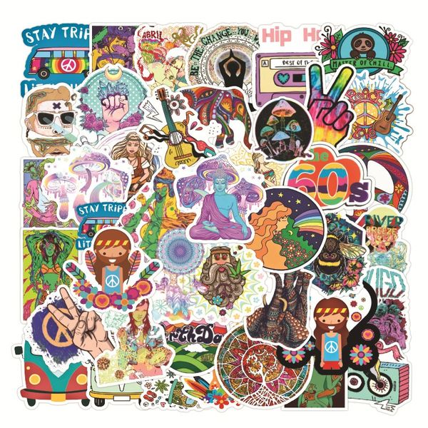 50Pcs Retro Hippie Cartoon Peace Love Stickers For Laptop Guitar Surfboard Skateboard Luggage Bicycle Scrapbook Sticker