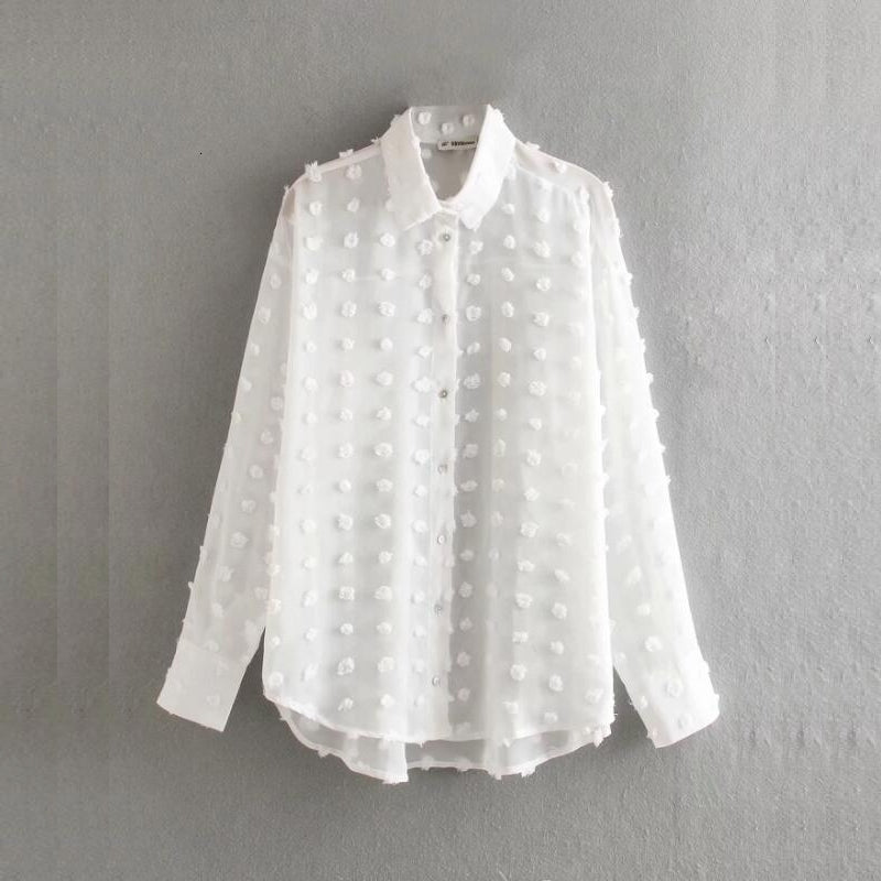 Women&#039;s Blouses & Shirts Dot Flocking Chiffon Women Long Sleeve Shirt Casual Female White Blouse Loose Tops Summer Blusas Mujer S5781 O5ZM