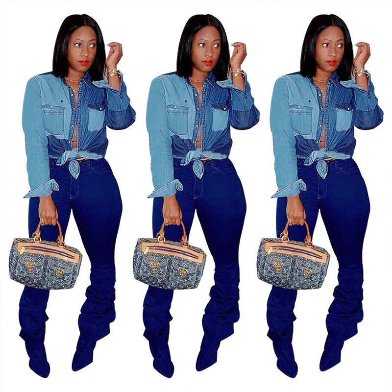 Women&#039;s & Shirts Patchwork Denim Blouse Fashion Long Sleeve Lapel Neck Contrast Color Blouses Casual Women Designers Clothes