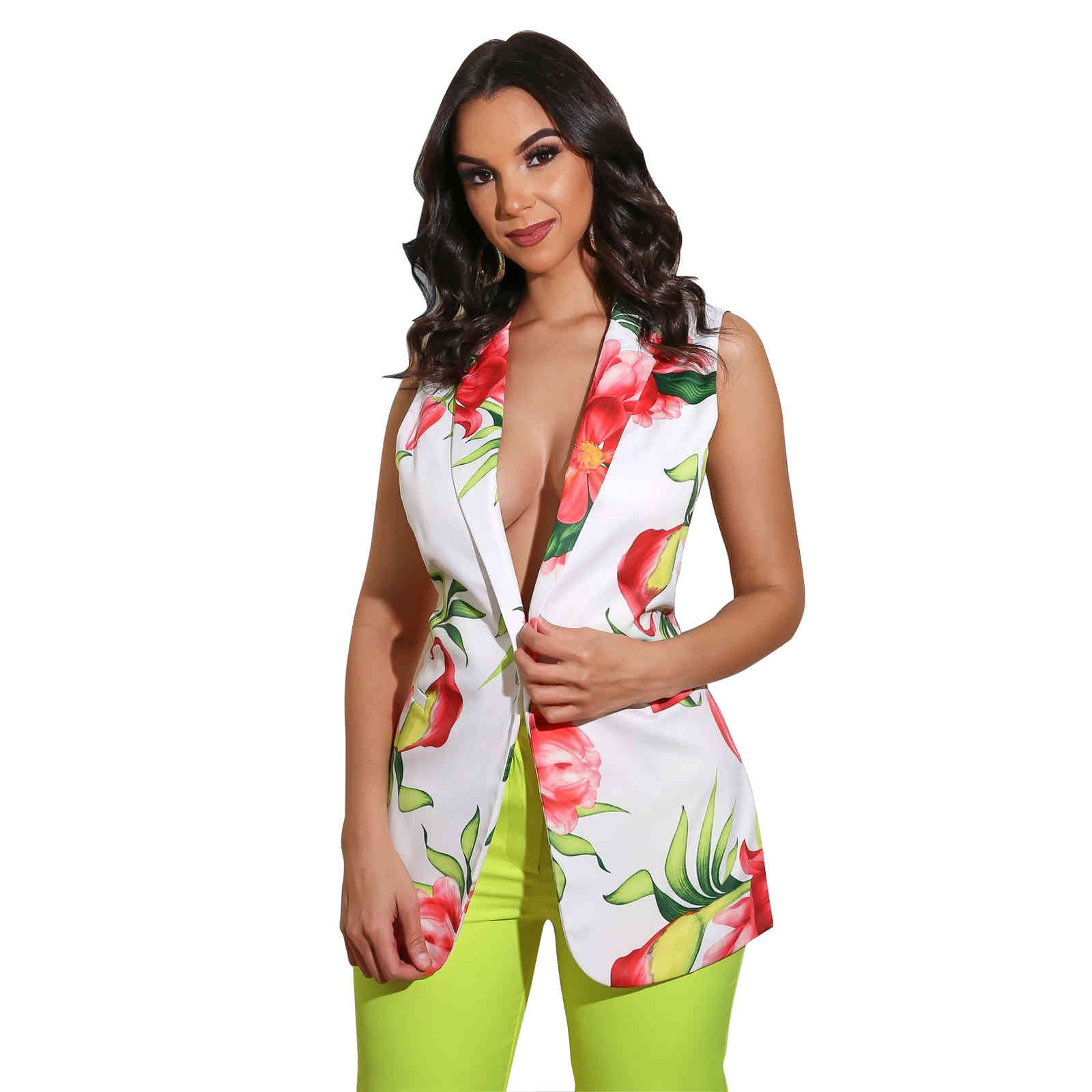 Fashion Women Blazer Coats Florals Printing Deep V Neck Sleeveless Slim Elegant Office Lady Tops Summer Casual Streetwear Jackets