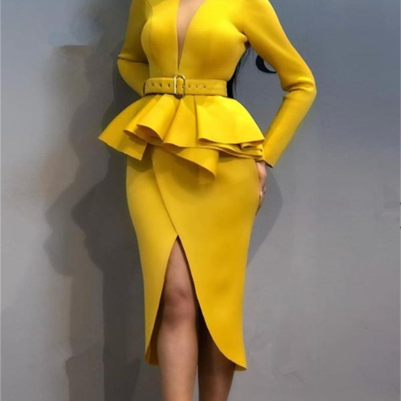 Casual Dresses Women Slim Dress with Waist Belt Peplum Slit Long Sleeves Office Lady Fashion Wear Elegant Fake Two Pieces Sets Classy Clothes