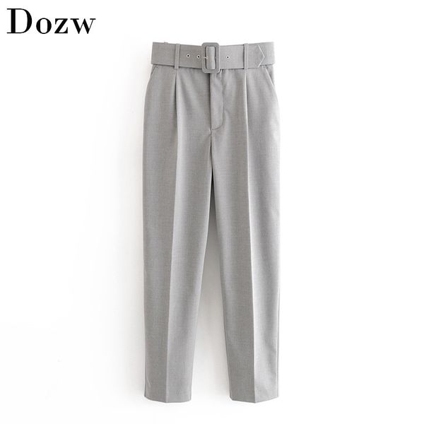 Women Office Lady Gray Suit With Belt High Waist Casual Long Trousers Female Fashion Pockets Pleated Solid Pants 210414 B2