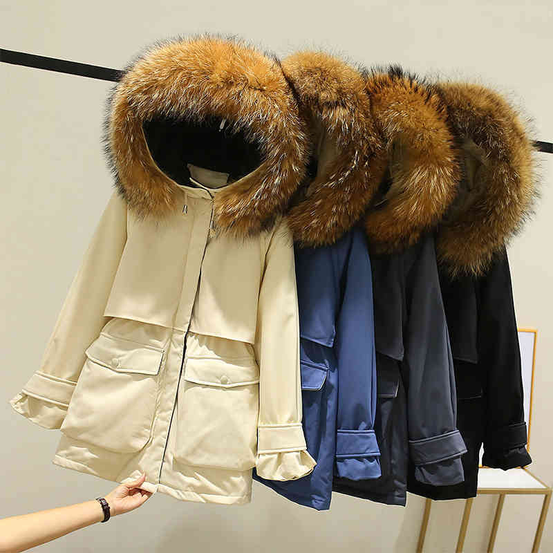 Women&#039;s Jackets Winter Jacket Women Large Natural Fox Fur White Duck Coat Thick Parkas Warm Sash Tie Up Zipper Down Snow Outerwear