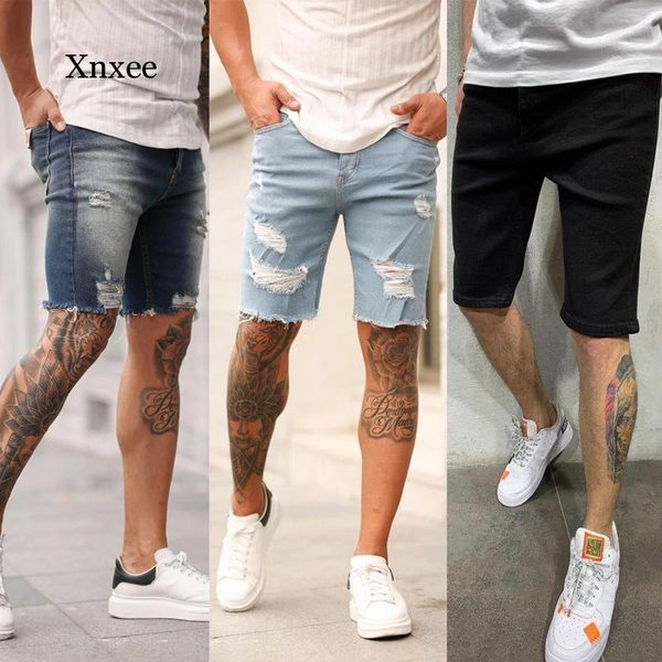 Men Ripped Jeans Straight-Leg Shorts Clothing Cotton Breathable Denim Leggings Male Skinny Hole Short Pencil Pants Men&#039;s
