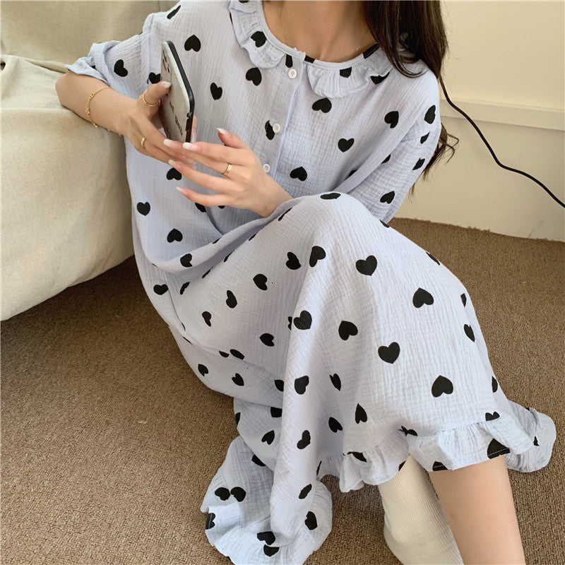 Casual Dresses Comfortable Hearts Printed Sleepwear 2021 Short Sleeve Vintage Women Night Chic Cotton Fashion Pajamas U5RO