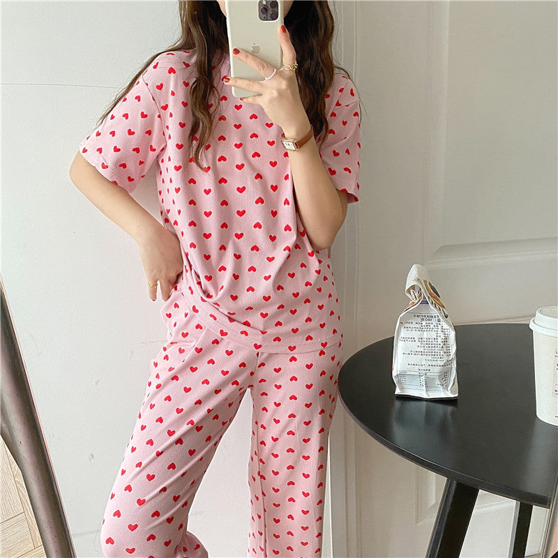 Casual Dresses 2021 All Match Printed Hearts Chic Summer Brief Pajamas Two Piece Sets Prom Nightwear Sleepwear TIO7