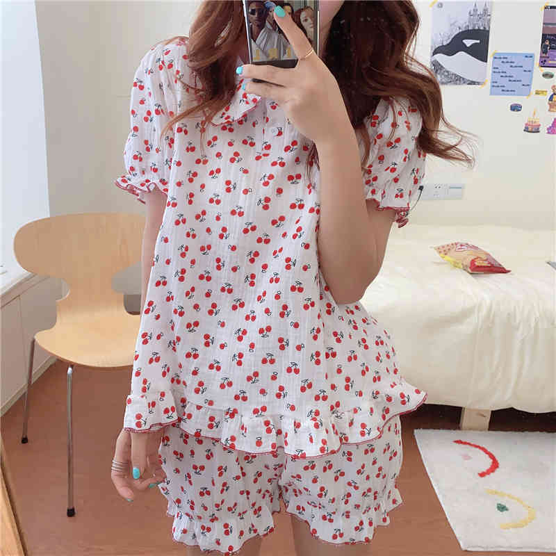 Casual Dresses Summer Cotton Pajamas Cherry Printe Two Piece Suits 2021 Stylish Sleepwear Women Femme Home Chic Loose Sets Y5KB