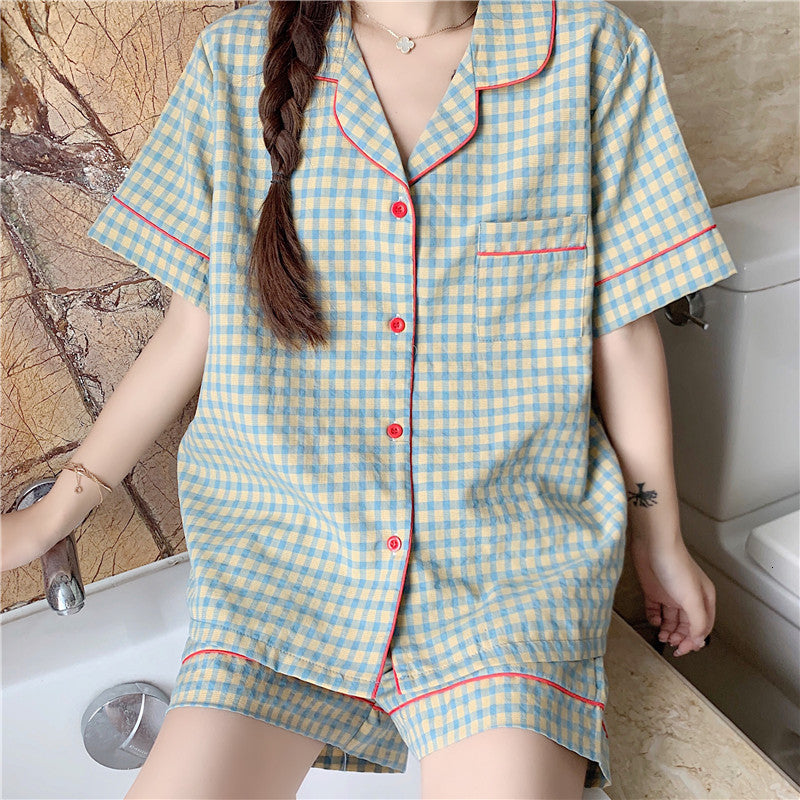 Casual Dresses Geometric Party Girls Fashion All Match Cotton Femme Plaid Loose Sleepwear Chic Women Pajamas Sets M1NR