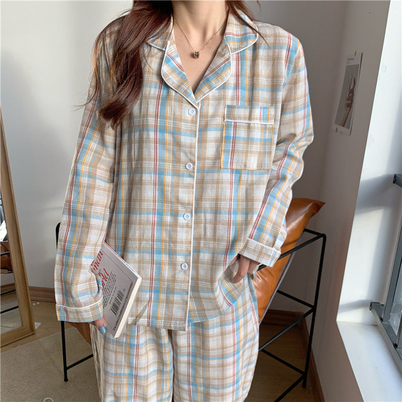 Casual Dresses Sweet Sleepwear Warm Cute 2021 Plaid Gentle Two-Piece Outwear Suits Sets Chic Women Soft Loose Pajamas Home Clothes KXAM