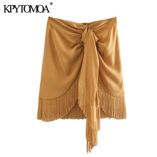 Women Fashion With Tassel Knot Detail Mini Skirt Vintage High Waist Back Zipper Female Skirts Mujer 210416