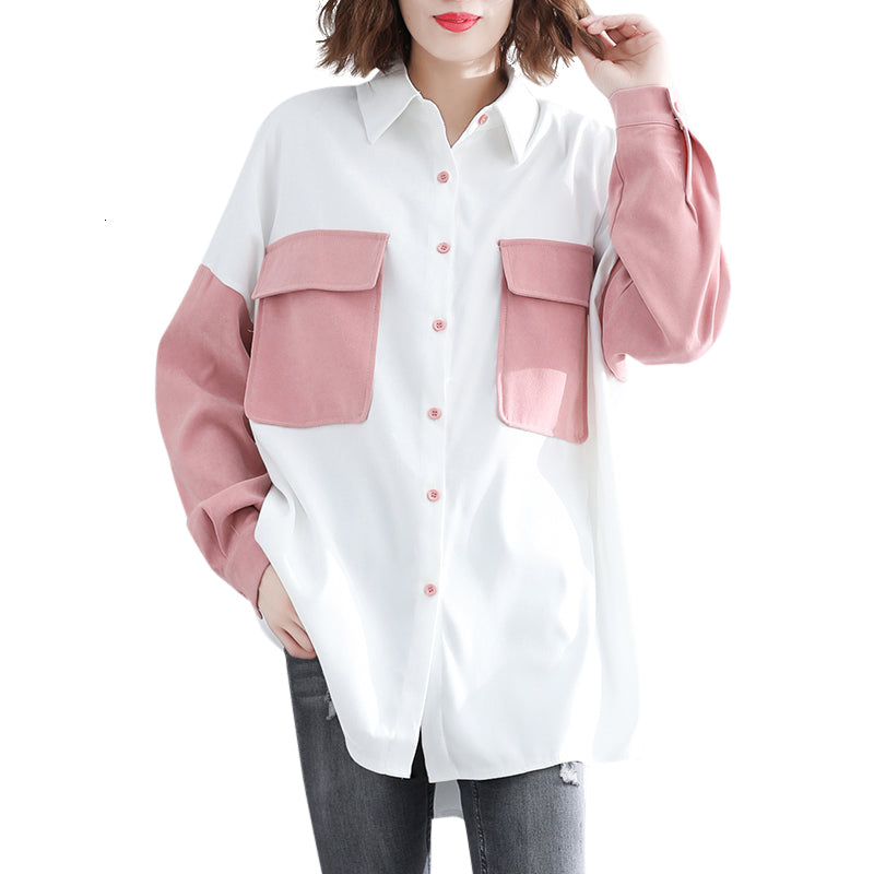 Women&#039;s Jackets Spring Long Shirt Fashion Sleeve Pink Pocket Patchwork Shirts Loose Tops Blouse Casual Ladies Blouses G129 KOMQ