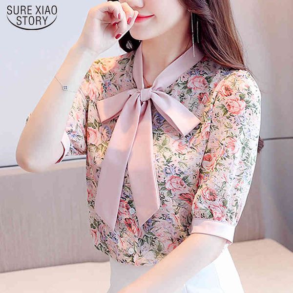 Floral Print Bow Chiffon Shirts Elegant Women Fashion Summer Blouses Short Sleeve Korean Loose Tops Female Blusas 9543 210417