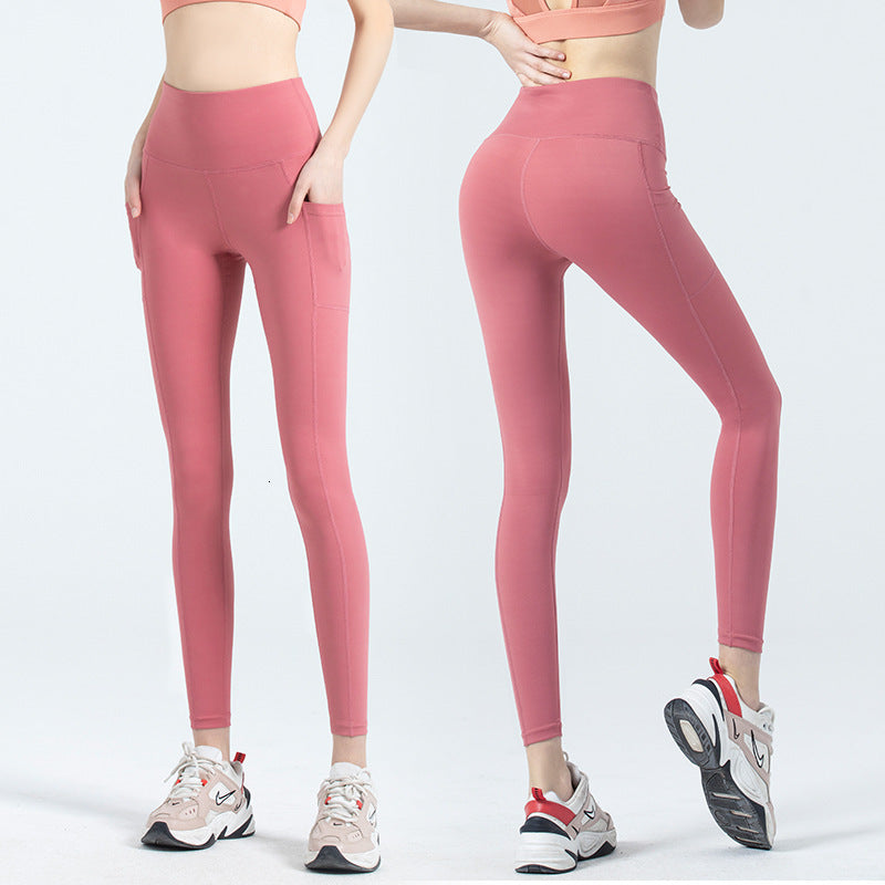 Naked Feeling Yoga Pants Fitness Sports Running Seamless High Waist Hip Pocket Stretch Peach Leggings
