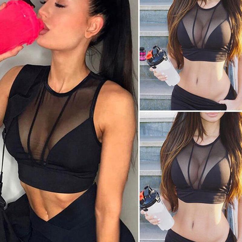 Women&#039;s T-Shirt Women Mesh Patchwork Sports Bra Tank Tops Bodycon Slim Gym Clothing Bustier Vest Crop Blouses Wholesale FT0M