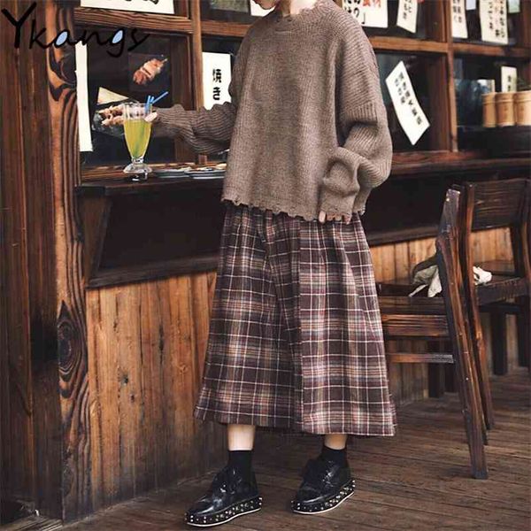japanese style elastic high waist Long Skirts womens autumn plaid A-line pleated Female winter Wool Warm Streetwear 210421