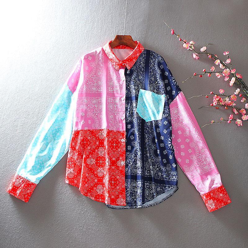 Blouses & Shirts SuperAen Loose Plus Size Full Casual Color Contrast Splicing New Design Print National Style Shirt Women&#039;s Blouse