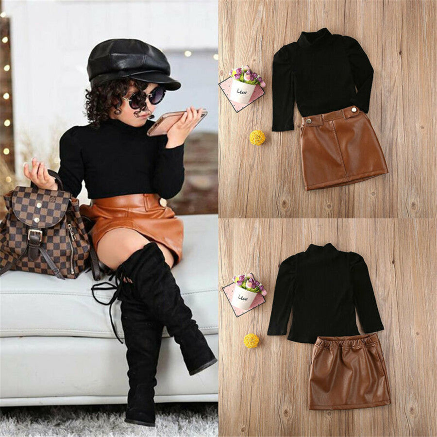 Baby Kids Spring Fall Outfits Girls Black High Collar Puff Sleeve T-shirt+Brown PU leather Skirts 2Pcs Lady style Child