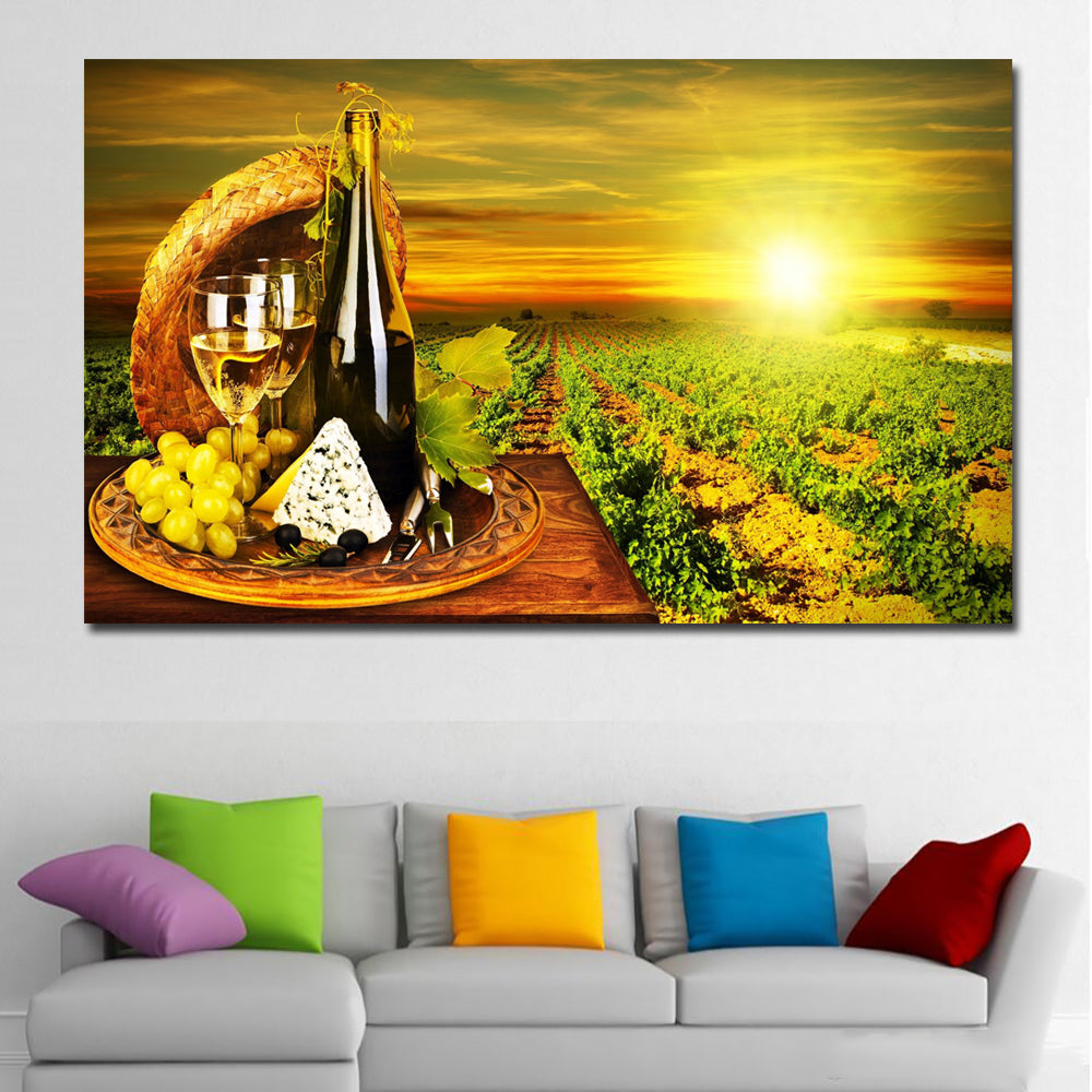 HD Printed canvas art grape red wine glass Oak barrels sunset painting on canvas wall pictures for living room