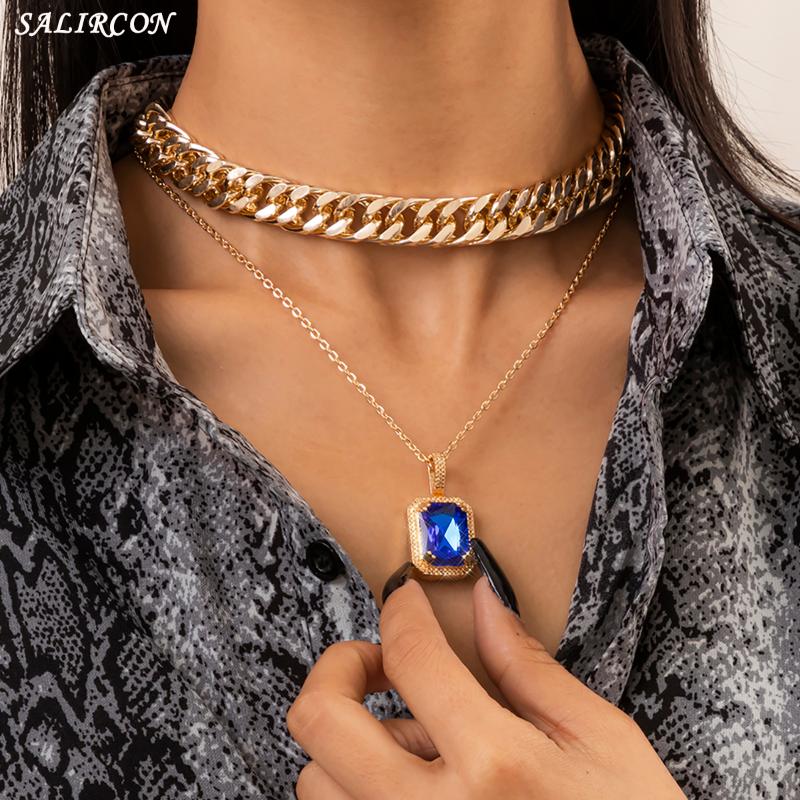 Punk Aesthetic Blue Crystal Pendant Women Necklace Vintage Chunky Chain On The Neck Steampunk Choker Fashion Jewerly Necklaces