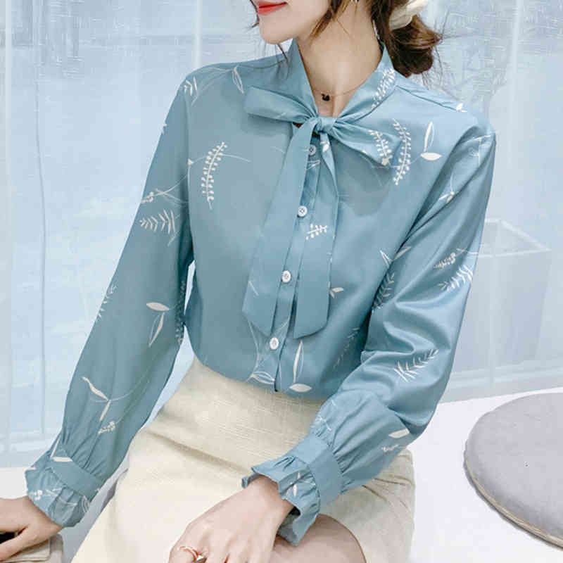sweaters Spring Autumn Korean Print Tops Bow Chiffon Women Formal Business Office Blouses Long Sleeve Casual Shirts