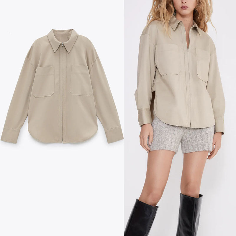 dresses Zip Shirt Women Long Sleeve Patch Pockets Office Lady Shirts Fashion Side Vents Ties At Back Woman Vintage Top