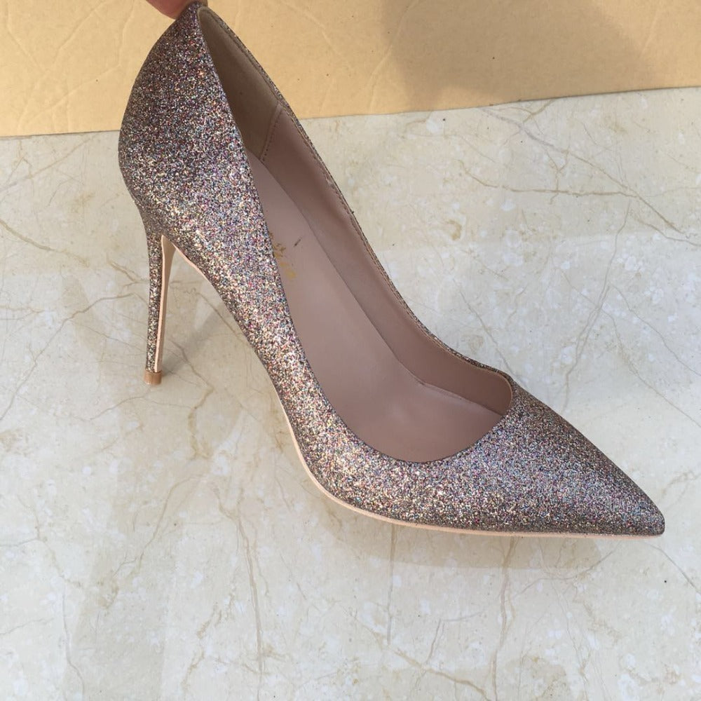 2021 Keshangjia OL Office Lady Womens High Heels Gold Sequined Cloth Pumps Woman Dress Silver Wedding Shoes Spring 1