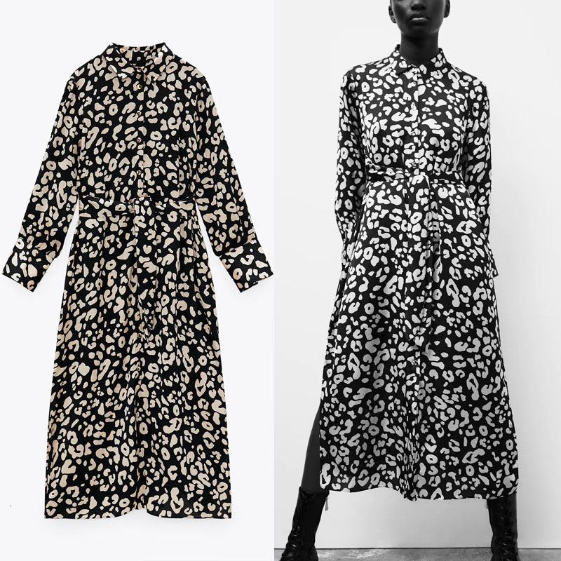 dresses Satin Animal Print Midi Women Vintage Long Sleeve Self Belt Office Lady es Chic Side Vents Elegant Vestido