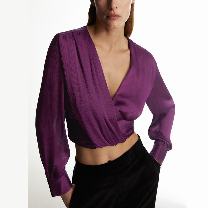 blouses Knotted Surplice Crop Blouse Women V Neck Long Sleeve Vintage Purple Top Female Chic Pleated Hem Side Zip Blouses