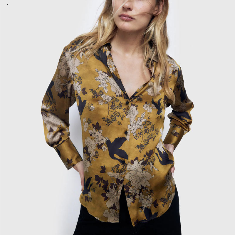 dresses Floral Print Satin Shirt Women Loose Long Sleeve Retro Flower Office Shirts Woman Fashion Front Button Streetwear Tops