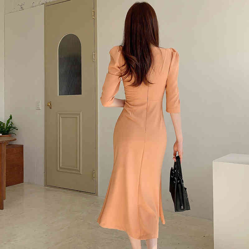 dresses Vintage Mermaid es Women V-neck Pencil Elegant Korean Simple Bodycon Work Office Vestidos 2021 Summer