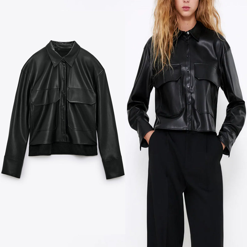 jackets Black Long Sleeve Leatherette Jacket Women Faux Leather Office Lady Jackets Coat Woman Flap Patch Pocket Outwear Top