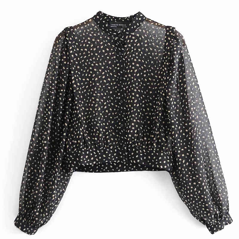 tracksuits Print Transparent Crop Blouse Women O Neck Long Sleeve Vintage Short Shirt Female Chic Black Chiffon Blouses