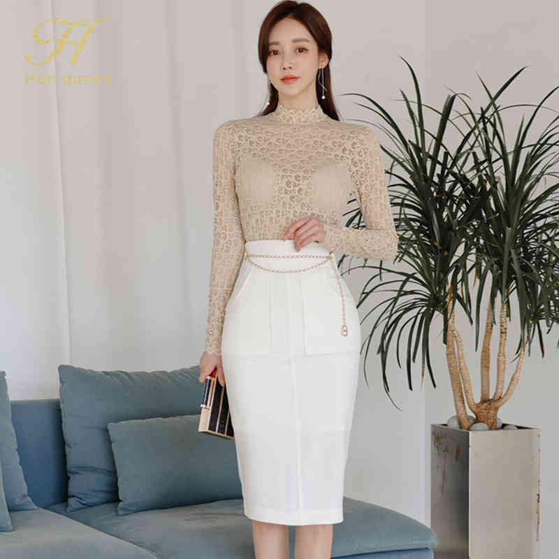 dresses 2 Pieces Set Women Korean Slim Lace Long Sleeve Shirts And High Waist Sheath Pencil Skirts Office Lady Skirt Suit