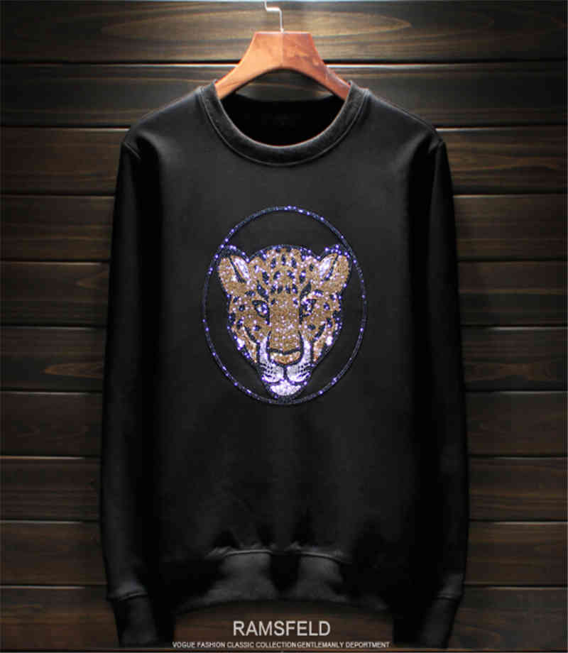 hoodie high quality drill top leopard head round neck Plush sweatershirt hoodies