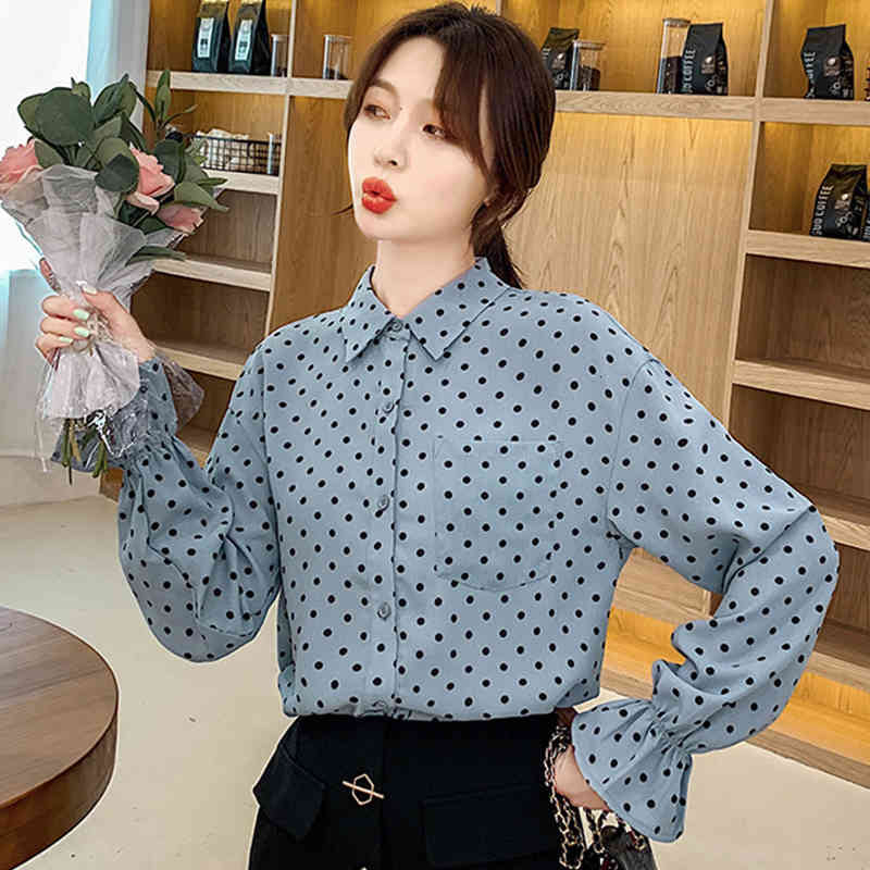 sweaters 2021 Blouses Turn-down Collar Loose Pocket Dot Shirt Chiffon Tops Work Casual Vintage Blouse Women Blusa