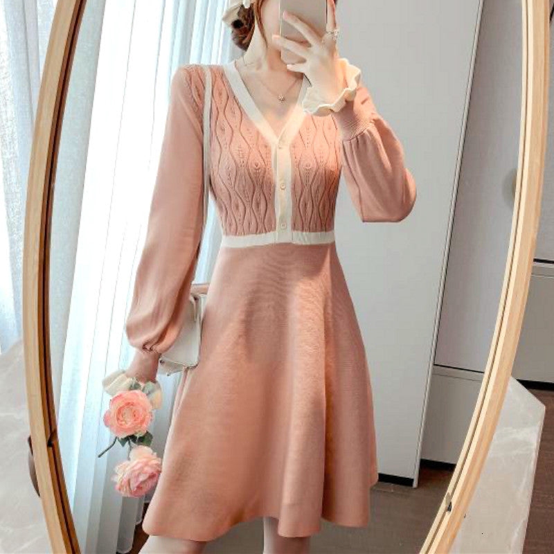 dresses Winter Knitted Women Elegant V-Neck Button Office Sweater Mini Casual Long Sleeve One Piece Dress Korean Autumn