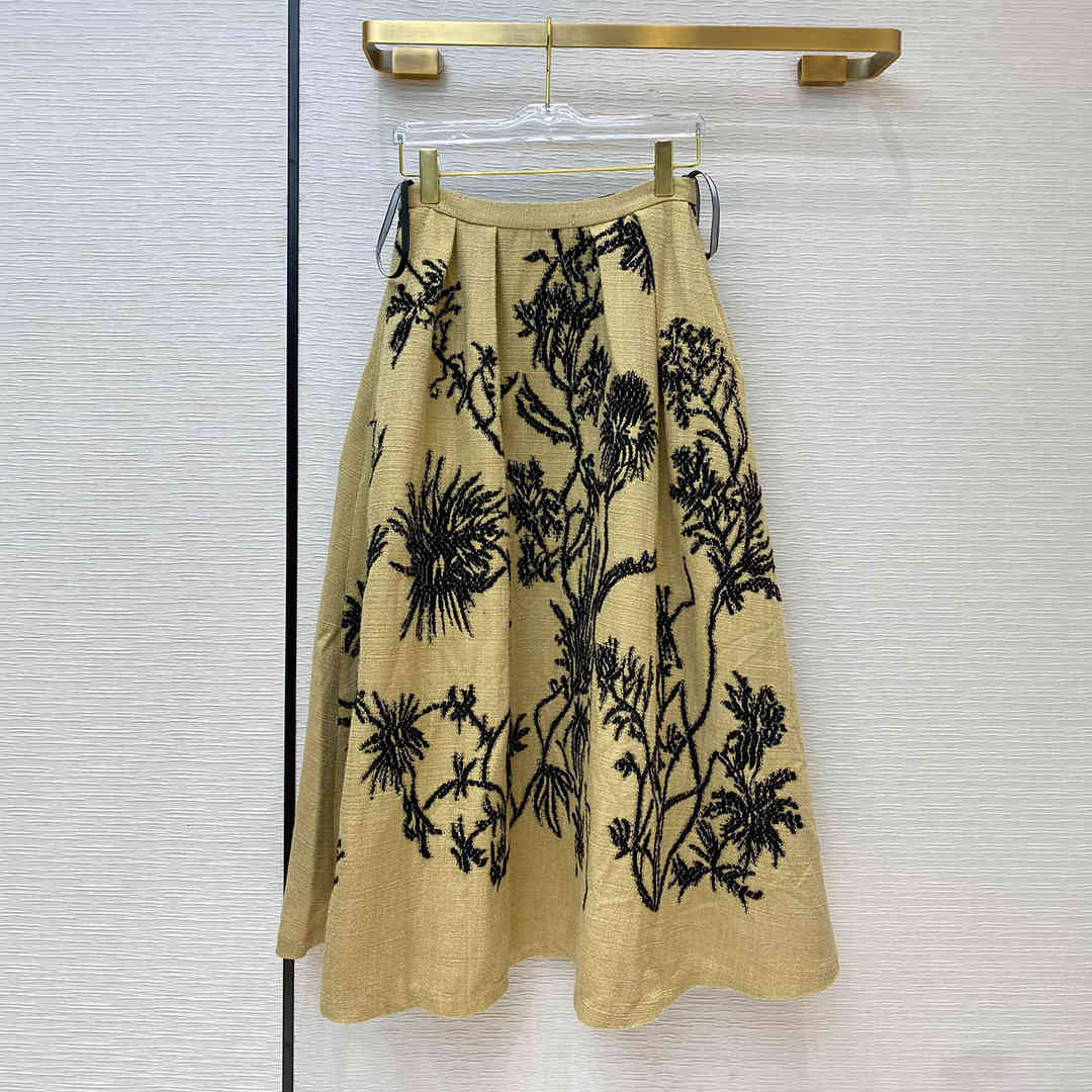 dress fashion high-end long womens flower embroidery silk blends tweed a-line skirt elegant ladies retro autumn skirts