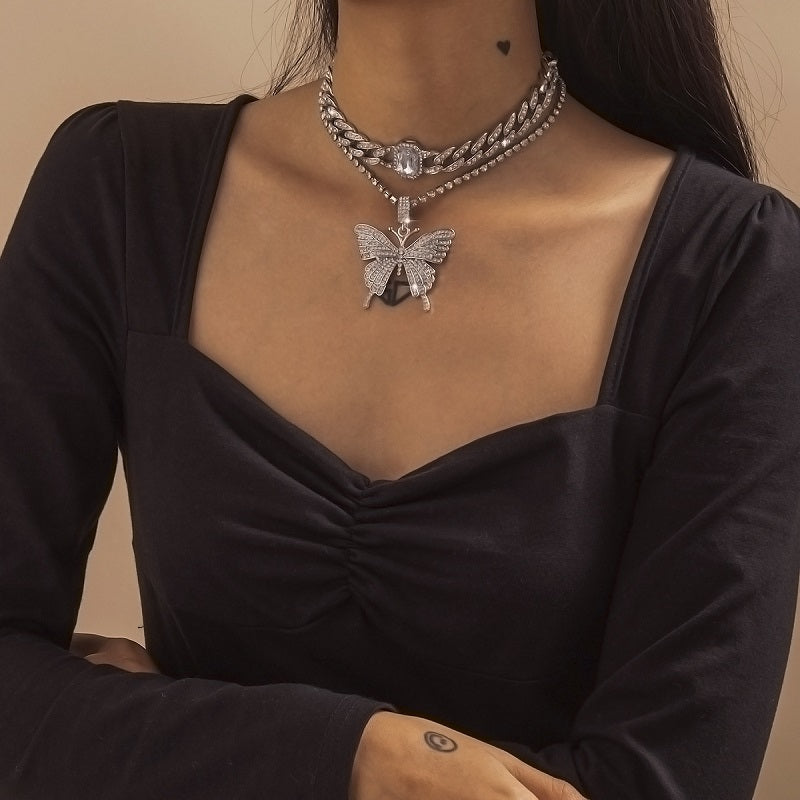 Iced Out Butterfly Choker Necklace Set Cuban Link Chain Chokers Necklaces for Women Men Animal Pendant Bling Hip Hop Charm Statement Jewelry