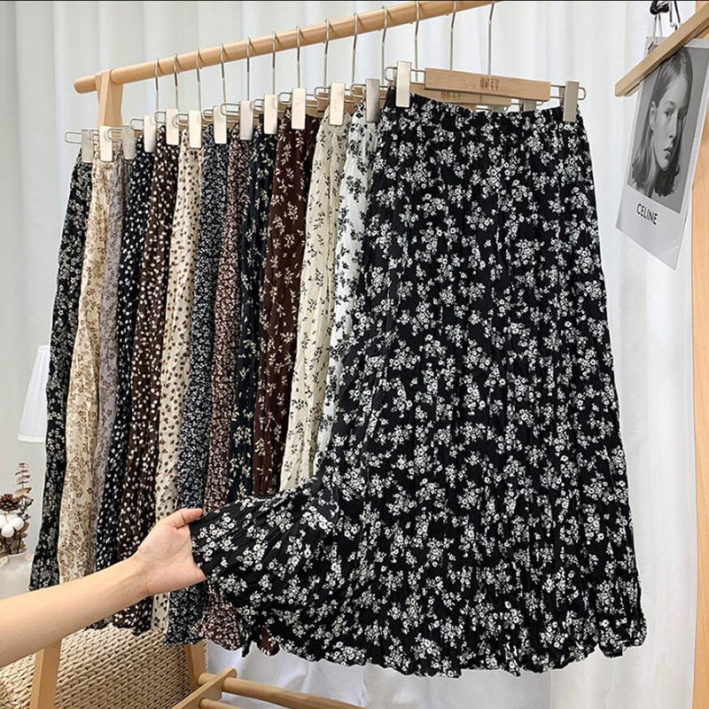 suits Spring Summer 2021 Vintage Floral Print Pleated Elegant Chiffon Long Skirts Womens Elastic High Waist Skirt Jupe