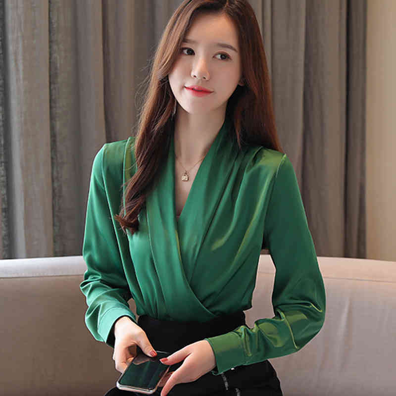 blouses 9 Colors Women Spring Summer Satin Chiffon Blouse Office Ladies V-Neck Long Sleeve Solid Formal Elegant Pullover Top Blusas