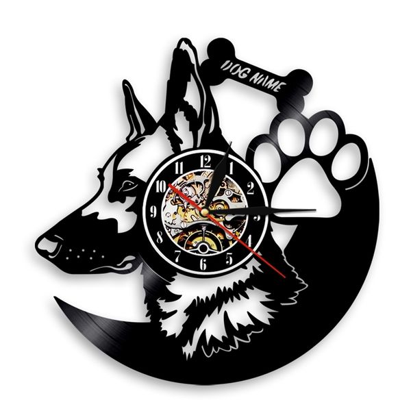 Dog Breed German Shepherd Dog Art Wall Decor Clock Customize Dog Name Vinyl Record Wall Clocks Modern Gift For Pet Lover 210401