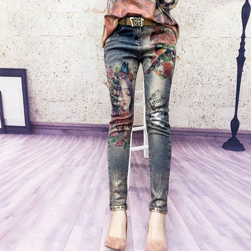 D 0707 Blueberries European Women Jeans New Personality Qiu Dong Cargo Tide Printing Tipping Elastic Thin Trousers