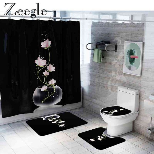 Floral Bath Mat Bathroom Carpet Rugs Flannel Shower Curtain Set Home Decor Toilet Mat U-Shaped Toilet Rug and Anti-slip Foot Rug 210401
