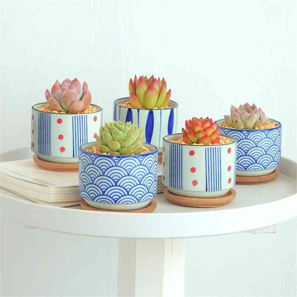 3Pcs-Set Flower Pot With Bamboo tray Japanese style Ceramic Lot Mini Cement Succulent Pot Plant Bonsai Home Planter Garden Decor 210401