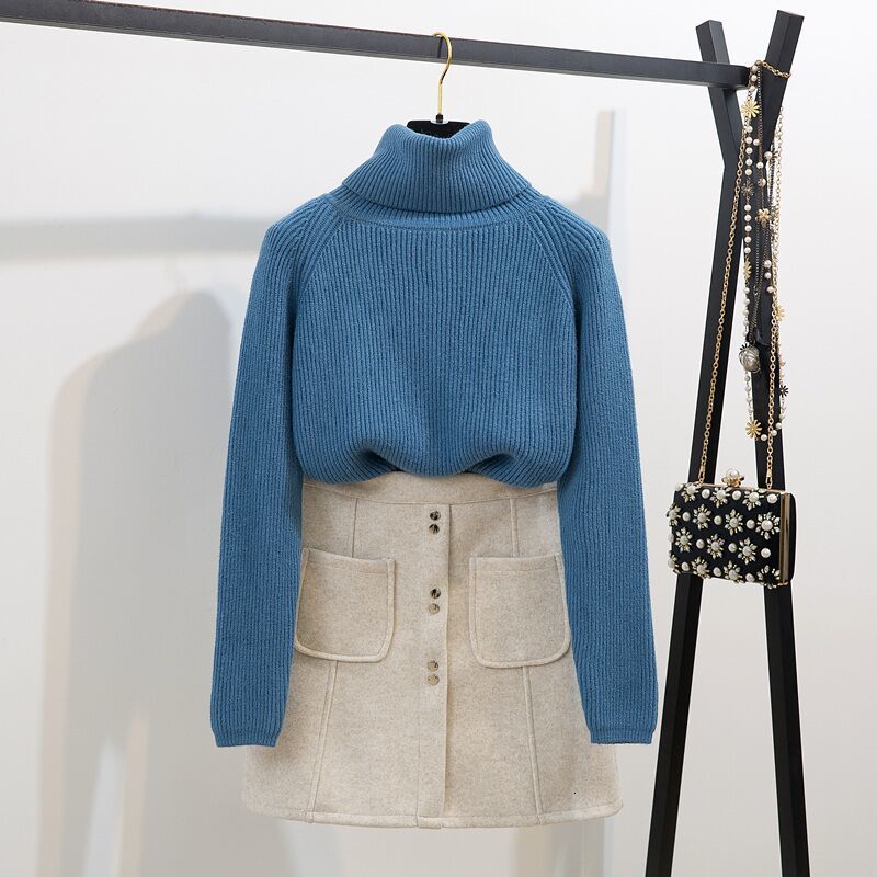 skirts Turtleneck Sweater Suit 2 Pieces Women Clothes Autumn Winter Thick Warm Wool Blue Pullover + Pocket Button Woolen Skirt Set