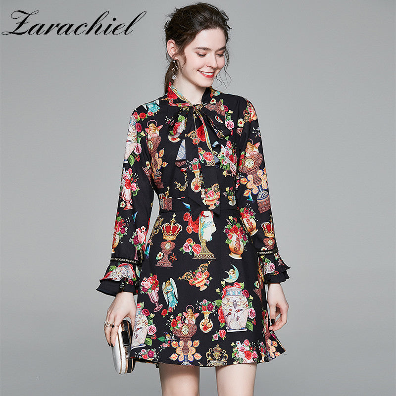 dresses Women Ruffle Bow Tie Mini Ladies Flare Flower Vase Print Runway Angel Vintage Long Sleeve Casual Party