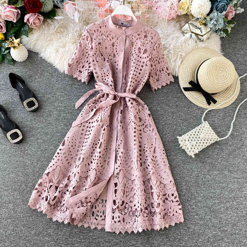 dresses Women Elegant Hollow Out Lace Office Lady Summer Solid O-Neck Button up Sashes Midi Female Chic Short Sleeve
